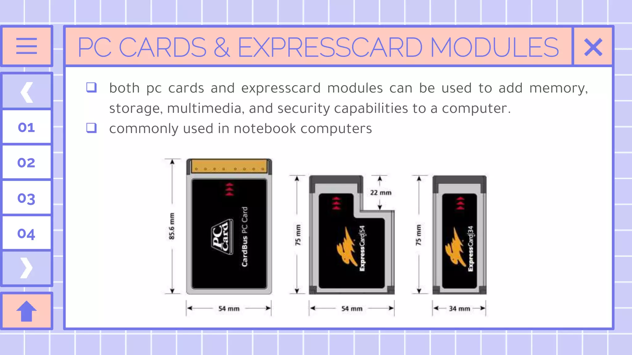 PC CARDS & EXPRESSCARD MODULES
01
02
03
04
 both pc cards and expresscard modules can be used to add memory,
storage, multimedia, and security capabilities to a computer.
 commonly used in notebook computers
 