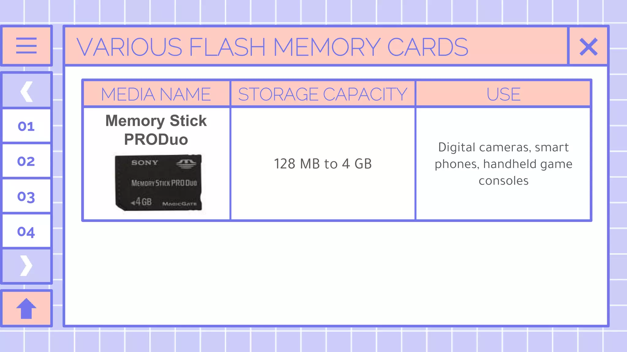 VARIOUS FLASH MEMORY CARDS
01
02
03
04
MEDIA NAME STORAGE CAPACITY USE
Memory Stick
PRODuo
128 MB to 4 GB
Digital cameras, smart
phones, handheld game
consoles
 