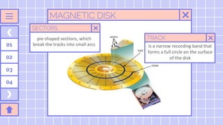 01
02
03
04
SECTORS
TRACK
is a narrow recording band that
forms a full circle on the surface
of the disk
pie-shaped sections, which
break the tracks into small arcs
MAGNETIC DISK
 