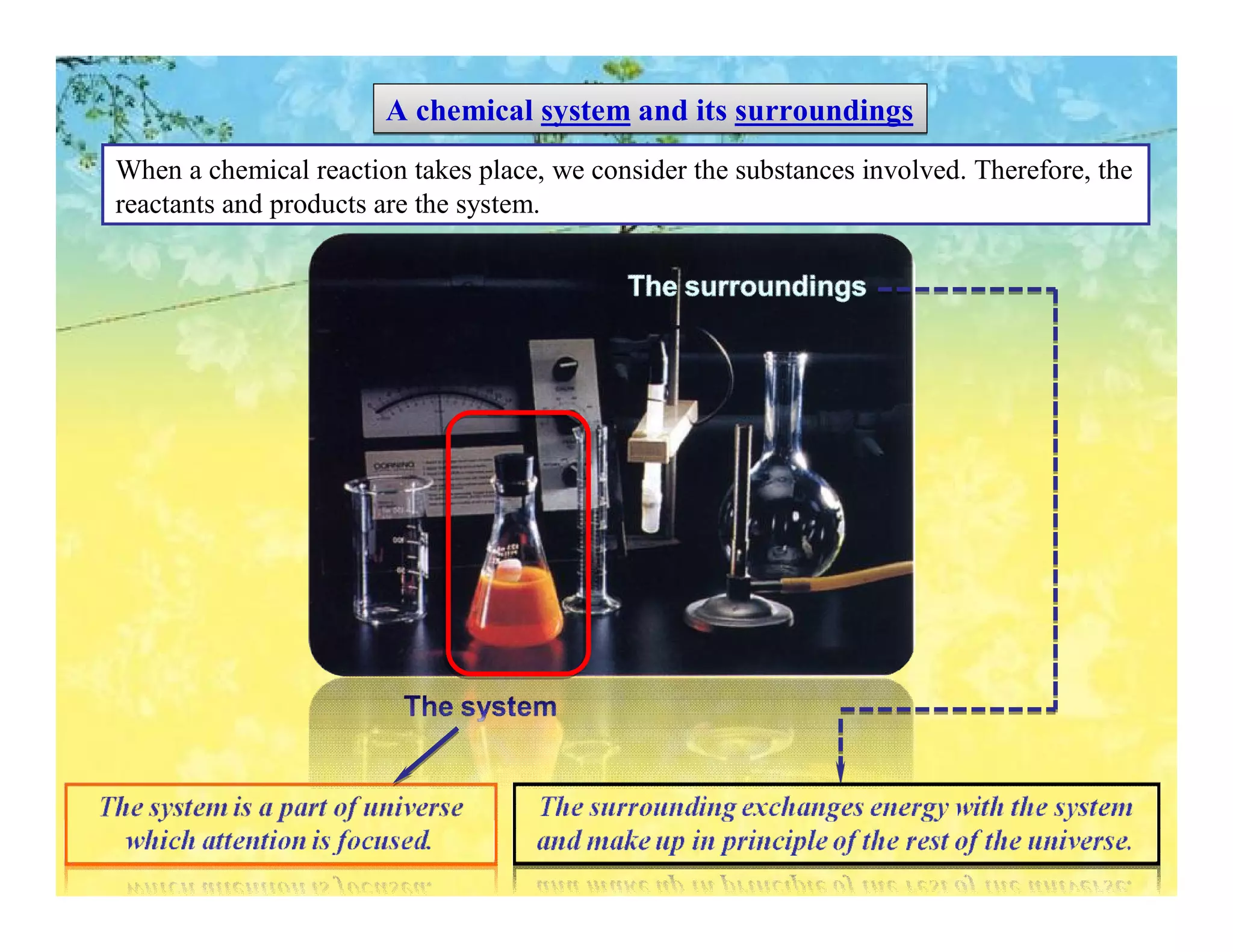 A chemical system and its surroundings
When a chemical reaction takes place, we consider the substances involved. Therefore, the
reactants and products are the system.
 