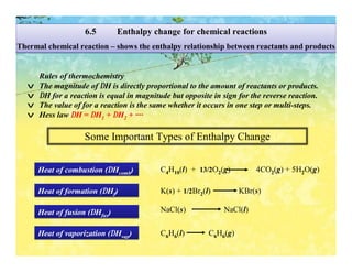 6.5        Enthalpy change for chemical reactions
Thermal chemical reaction – shows the enthalpy relationship between reactants and products


      Rules of thermochemistry
  v   The magnitude of ∆H is directly proportional to the amount of reactants or products.
  v   ∆H for a reaction is equal in magnitude but opposite in sign for the reverse reaction.
  v   The value of for a reaction is the same whether it occurs in one step or multi-steps.
  v   Hess law ∆H = ∆H1 + ∆H2 + ∙∙∙∙

                    Some Important Types of Enthalpy Change


      Heat of combustion (∆Hcomb)          C4H10(l) + 13/2O2(g)         4CO2(g) + 5H2O(g)

      Heat of formation (∆Hf)              K(s) + 1/2Br2(l)         KBr(s)

      Heat of fusion (∆Hfus)               NaCl(s)            NaCl(l)

      Heat of vaporization (∆Hvap)         C6H6(l)        C6H6(g)
 