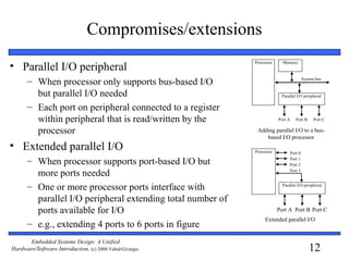 12
Embedded Systems Design: A Unified
Hardware/Software Introduction, (c) 2000 Vahid/Givargis
Compromises/extensions
• Parallel I/O peripheral
– When processor only supports bus-based I/O
but parallel I/O needed
– Each port on peripheral connected to a register
within peripheral that is read/written by the
processor
• Extended parallel I/O
– When processor supports port-based I/O but
more ports needed
– One or more processor ports interface with
parallel I/O peripheral extending total number of
ports available for I/O
– e.g., extending 4 ports to 6 ports in figure
Processor Memory
Parallel I/O peripheral
Port A
System bus
Port CPort B
Adding parallel I/O to a bus-
based I/O processor
Processor
Parallel I/O peripheral
Port A Port B Port C
Port 0
Port 1
Port 2
Port 3
Extended parallel I/O
 
