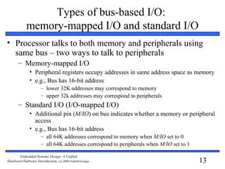 13
Embedded Systems Design: A Unified
Hardware/Software Introduction, (c) 2000 Vahid/Givargis
Types of bus-based I/O:
memory-mapped I/O and standard I/O
• Processor talks to both memory and peripherals using
same bus – two ways to talk to peripherals
– Memory-mapped I/O
• Peripheral registers occupy addresses in same address space as memory
• e.g., Bus has 16-bit address
– lower 32K addresses may correspond to memory
– upper 32k addresses may correspond to peripherals
– Standard I/O (I/O-mapped I/O)
• Additional pin (M/IO) on bus indicates whether a memory or peripheral
access
• e.g., Bus has 16-bit address
– all 64K addresses correspond to memory when M/IO set to 0
– all 64K addresses correspond to peripherals when M/IO set to 1
 