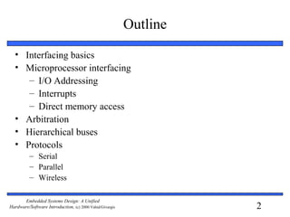 2
Embedded Systems Design: A Unified
Hardware/Software Introduction, (c) 2000 Vahid/Givargis
Outline
• Interfacing basics
• Microprocessor interfacing
– I/O Addressing
– Interrupts
– Direct memory access
• Arbitration
• Hierarchical buses
• Protocols
– Serial
– Parallel
– Wireless
 