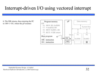 32
Embedded Systems Design: A Unified
Hardware/Software Introduction, (c) 2000 Vahid/Givargis
Interrupt-driven I/O using vectored interrupt
6: The ISR returns, thus restoring the PC
to 100+1=101, where the μP resumes
μP
P1 P2
System bus
Data memory
0x8000 0x8001
16: MOV R0, 0x8000
17: # modifies R0
18: MOV 0x8001, R0
19: RETI # ISR return
ISR
100:
101:
instruction
instruction
...
Main program
...
Program memory
PC
Int
100100
+1
16: MOV R0, 0x8000
17: # modifies R0
18: MOV 0x8001, R0
19: RETI # ISR return
ISR
100:
101:
instruction
instruction
...
Main program
...
100
 