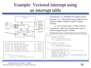 56
Embedded Systems Design: A Unified
Hardware/Software Introduction, (c) 2000 Vahid/Givargis
Jump Table
MemoryBus
Processor
Peripheral 1 Peripheral 2
Priority Arbiter
MASK
IDX0
IDX1
ENABLE
DATA
MEMORY
void main() {
InitializePeripherals();
for(;;) {} // main program goes here
}
unsigned char ARBITER_MASK_REG _at_ 0xfff0;
unsigned char ARBITER_CH0_INDEX_REG _at_ 0xfff1;
unsigned char ARBITER_CH1_INDEX_REG _at_ 0xfff2;
unsigned char ARBITER_ENABLE_REG _at_ 0xfff3;
unsigned char PERIPHERAL1_DATA_REG _at_ 0xffe0;
unsigned char PERIPHERAL2_DATA_REG _at_ 0xffe1;
unsigned void* INTERRUPT_LOOKUP_TABLE[256] _at_ 0x0100;
void Peripheral1_ISR(void) {
unsigned char data;
data = PERIPHERAL1_DATA_REG;
// do something with the data
}
void Peripheral2_ISR(void) {
unsigned char data;
data = PERIPHERAL2_DATA_REG;
// do something with the data
}
void InitializePeripherals(void) {
ARBITER_MASK_REG = 0x03; // enable both channels
ARBITER_CH0_INDEX_REG = 13;
ARBITER_CH1_INDEX_REG = 17;
INTERRUPT_LOOKUP_TABLE[13] = (void*)Peripheral1_ISR;
INTERRUPT_LOOKUP_TABLE[17] = (void*)Peripheral2_ISR;
ARBITER_ENABLE_REG = 1;
}
Example: Vectored interrupt using
an interrupt table
• Fixed priority: i.e., Peripheral1 has highest priority
• Keyword “_at_” followed by memory address forces
compiler to place variables in specific memory
locations
– e.g., memory-mapped registers in arbiter, peripherals
• A peripheral’s index into interrupt table is sent to
memory-mapped register in arbiter
• Peripherals receive external data and raise interrupt
 