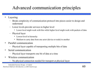 60
Embedded Systems Design: A Unified
Hardware/Software Introduction, (c) 2000 Vahid/Givargis
Advanced communication principles
• Layering
– Break complexity of communication protocol into pieces easier to design and
understand
– Lower levels provide services to higher level
• Lower level might work with bits while higher level might work with packets of data
– Physical layer
• Lowest level in hierarchy
• Medium to carry data from one actor (device or node) to another
• Parallel communication
– Physical layer capable of transporting multiple bits of data
• Serial communication
– Physical layer transports one bit of data at a time
• Wireless communication
– No physical connection needed for transport at physical layer
 