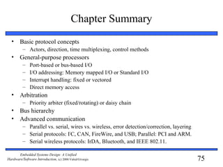 75
Embedded Systems Design: A Unified
Hardware/Software Introduction, (c) 2000 Vahid/Givargis
Chapter Summary
• Basic protocol concepts
– Actors, direction, time multiplexing, control methods
• General-purpose processors
– Port-based or bus-based I/O
– I/O addressing: Memory mapped I/O or Standard I/O
– Interrupt handling: fixed or vectored
– Direct memory access
• Arbitration
– Priority arbiter (fixed/rotating) or daisy chain
• Bus hierarchy
• Advanced communication
– Parallel vs. serial, wires vs. wireless, error detection/correction, layering
– Serial protocols: I2
C, CAN, FireWire, and USB; Parallel: PCI and ARM.
– Serial wireless protocols: IrDA, Bluetooth, and IEEE 802.11.
 