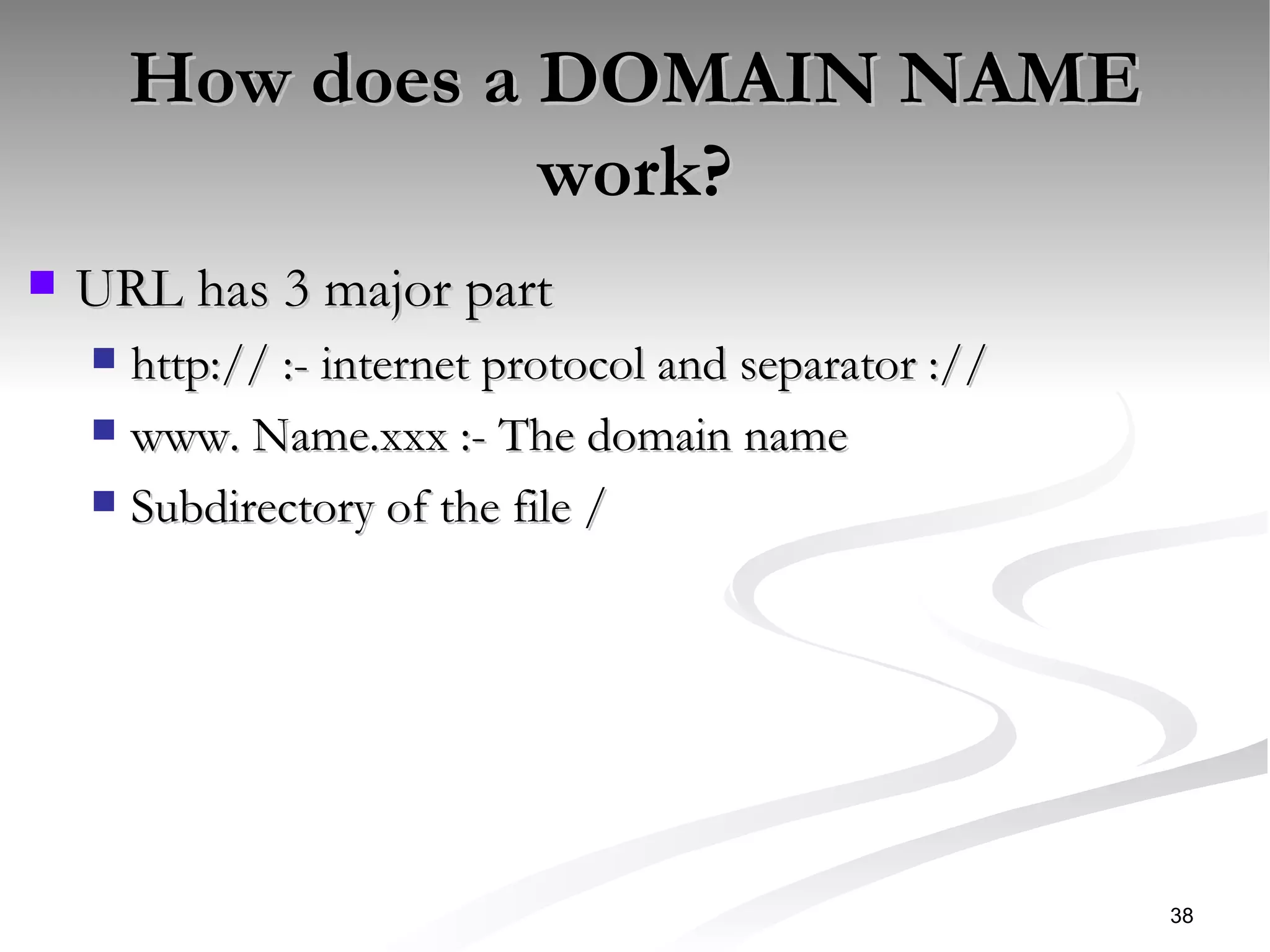 How does a DOMAIN NAME work? URL has 3 major part http:// :- internet protocol and separator :// www. Name.xxx :- The domain name  Subdirectory of the file /  