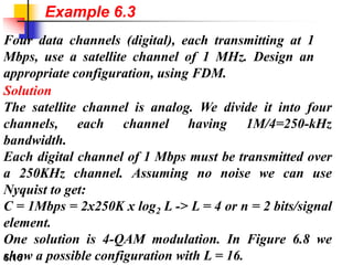 6.15
Four data channels (digital), each transmitting at 1
Mbps, use a satellite channel of 1 MHz. Design an
appropriate configuration, using FDM.
Solution
The satellite channel is analog. We divide it into four
channels, each channel having 1M/4=250-kHz
bandwidth.
Each digital channel of 1 Mbps must be transmitted over
a 250KHz channel. Assuming no noise we can use
Nyquist to get:
C = 1Mbps = 2x250K x log2 L -> L = 4 or n = 2 bits/signal
element.
One solution is 4-QAM modulation. In Figure 6.8 we
show a possible configuration with L = 16.
Example 6.3
 