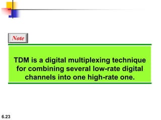 6.23
TDM is a digital multiplexing technique
for combining several low-rate digital
channels into one high-rate one.
Note
 