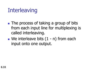 6.33
Interleaving
 The process of taking a group of bits
from each input line for multiplexing is
called interleaving.
 We interleave bits (1 - n) from each
input onto one output.
 