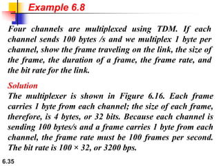 6.35
Four channels are multiplexed using TDM. If each
channel sends 100 bytes /s and we multiplex 1 byte per
channel, show the frame traveling on the link, the size of
the frame, the duration of a frame, the frame rate, and
the bit rate for the link.
Solution
The multiplexer is shown in Figure 6.16. Each frame
carries 1 byte from each channel; the size of each frame,
therefore, is 4 bytes, or 32 bits. Because each channel is
sending 100 bytes/s and a frame carries 1 byte from each
channel, the frame rate must be 100 frames per second.
The bit rate is 100 × 32, or 3200 bps.
Example 6.8
 
