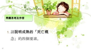 問題思考及作答

1.

請說明成熟的「死亡概
念」的四個要素。

17

 
