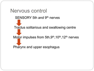 Nervous control
SENSORY 5th and 9th nerves
Tractus solitarious and swallowing centre
Motor impulses from 5th,9th,10th,12th nerves
Pharynx and upper esophagus
 