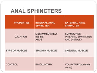 ANAL SPHINCTERS
PROPERTIES INTERNAL ANAL
SPHINCTER
EXTERNAL ANAL
SPHINCTER
LOCATION
LIES IMMEDIATELY
INSIDE
ANUS
SURROUNDS
INTERNAL SPHINCTER
AND DISTALLY
TYPE OF MUSCLE SMOOTH MUSCLE SKELETAL MUSCLE
CONTROL INVOLUNTARY VOLUNTARY(pudendal
nerve)
 