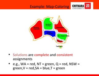 Example: Map-Coloring
• Solutions are complete and consistent
assignments
• e.g., WA = red, NT = green, Q = red, NSW =
green,V = red,SA = blue,T = green
 