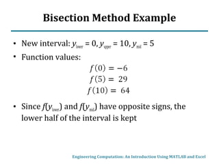 Bisection Method Example
• New interval: ylower = 0, yupper = 10, ymid = 5
• Function values:
• Since f(ylower) and f(ymid) have opposite signs, the
lower half of the interval is kept
Engineering Computation: An Introduction Using MATLAB and Excel
 