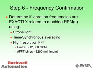 Step 6 - Frequency Confirmation
 Determine if vibration frequencies are
EXACTLY related to machine RPM(s)
using:
 Strobe light
 Time-Synchronous averaging
 High resolution FFT
 Fmax 0-12,000 CPM
 #FFT Lines - 3200 (minimum)
 