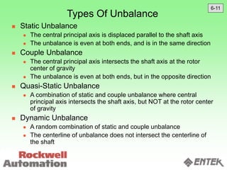  Static Unbalance
 The central principal axis is displaced parallel to the shaft axis
 The unbalance is even at both ends, and is in the same direction
 Couple Unbalance
 The central principal axis intersects the shaft axis at the rotor
center of gravity
 The unbalance is even at both ends, but in the opposite direction
 Quasi-Static Unbalance
 A combination of static and couple unbalance where central
principal axis intersects the shaft axis, but NOT at the rotor center
of gravity
 Dynamic Unbalance
 A random combination of static and couple unbalance
 The centerline of unbalance does not intersect the centerline of
the shaft
Types Of Unbalance
6-11
 