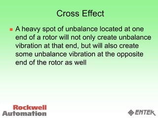 Cross Effect
 A heavy spot of unbalance located at one
end of a rotor will not only create unbalance
vibration at that end, but will also create
some unbalance vibration at the opposite
end of the rotor as well
 