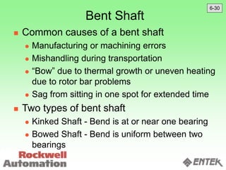Bent Shaft
 Common causes of a bent shaft
 Manufacturing or machining errors
 Mishandling during transportation
 “Bow” due to thermal growth or uneven heating
due to rotor bar problems
 Sag from sitting in one spot for extended time
 Two types of bent shaft
 Kinked Shaft - Bend is at or near one bearing
 Bowed Shaft - Bend is uniform between two
bearings
6-30
 