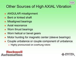 Other Sources of High AXIAL Vibration
 ANGULAR misalignment
 Bent or kinked shaft
 Misaligned bearings
 Axial resonance
 Worn thrust bearings
 Worn helical or bevel gears
 Motor hunting for magnetic center (sleeve bearings)
 Couple unbalance or couple component of unbalance
 Highly pronounced on overhung rotors
6-33
 