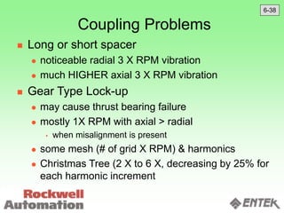 Coupling Problems
 Long or short spacer
 noticeable radial 3 X RPM vibration
 much HIGHER axial 3 X RPM vibration
 Gear Type Lock-up
 may cause thrust bearing failure
 mostly 1X RPM with axial > radial
 when misalignment is present
 some mesh (# of grid X RPM) & harmonics
 Christmas Tree (2 X to 6 X, decreasing by 25% for
each harmonic increment
6-38
 