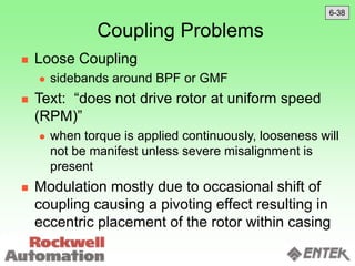 Coupling Problems
 Loose Coupling
 sidebands around BPF or GMF
 Text: “does not drive rotor at uniform speed
(RPM)”
 when torque is applied continuously, looseness will
not be manifest unless severe misalignment is
present
 Modulation mostly due to occasional shift of
coupling causing a pivoting effect resulting in
eccentric placement of the rotor within casing
6-38
 