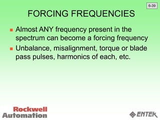 FORCING FREQUENCIES
 Almost ANY frequency present in the
spectrum can become a forcing frequency
 Unbalance, misalignment, torque or blade
pass pulses, harmonics of each, etc.
6-39
 