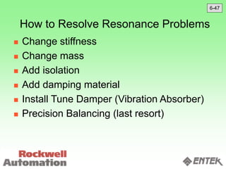 How to Resolve Resonance Problems
 Change stiffness
 Change mass
 Add isolation
 Add damping material
 Install Tune Damper (Vibration Absorber)
 Precision Balancing (last resort)
6-47
 
