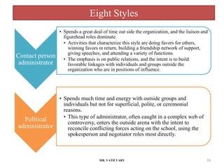 Eight Styles
MR. VATH VARY 19
Contact person
administrator
• Spends a great deal of time out side the organization, and the liaison and
figurehead roles dominate.
• Activities that characterize this style are doing favors for others,
winning favors in return, building a friendship network of support,
giving speeches, and attending a variety of functions.
• The emphasis is on public relations, and the intent is to build
favorable linkages with individuals and groups outside the
organization who are in positions of influence.
Political
administrator
• Spends much time and energy with outside groups and
individuals but not for superficial, polite, or ceremonial
reasons.
• This type of administrator, often caught in a complex web of
controversy, enters the outside arena with the intent to
reconcile conflicting forces acting on the school, using the
spokesperson and negotiator roles most directly.
 