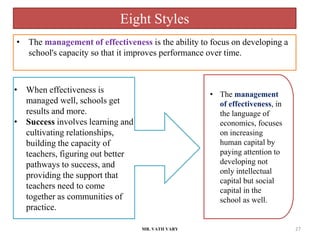 MR. VATH VARY 27
• When effectiveness is
managed well, schools get
results and more.
• Success involves learning and
cultivating relationships,
building the capacity of
teachers, figuring out better
pathways to success, and
providing the support that
teachers need to come
together as communities of
practice.
• The management
of effectiveness, in
the language of
economics, focuses
on increasing
human capital by
paying attention to
developing not
only intellectual
capital but social
capital in the
school as well.
• The management of effectiveness is the ability to focus on developing a
school's capacity so that it improves performance over time.
Eight Styles
 