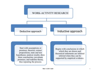 MR. VATH VARY 4
WORK-ACTIVITY RESEARCH
Deductive approach
Start with assumptions or
premises; theorize; extract
propositions; state and test
hypotheses; analyze results; draw
draw conclusions; reevaluate
premises; and redefine theory,
thus repeating the process.
Inductive approach
Begins with conclusions in which
which they are drawn and
theoretical statements are inferred
inferred when they can be
supported by empirical evidence.
 
