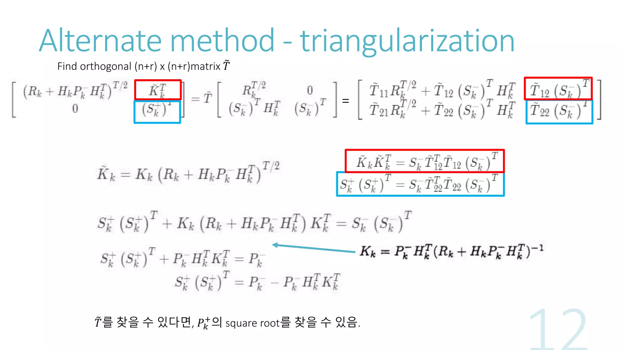 Alternate method - triangularization
Find orthogonal (n+r) x (n+r)matrix 𝑇
=
𝑇를 찾을 수 있다면, 𝑃𝑘
+
의 square root를 찾을 수 있음.
 