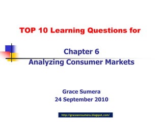 http://graceannsumera.blogspot.com/
TOP 10 Learning Questions for
Chapter 6
Analyzing Consumer Markets
Grace Sumera
24 September 2010
 