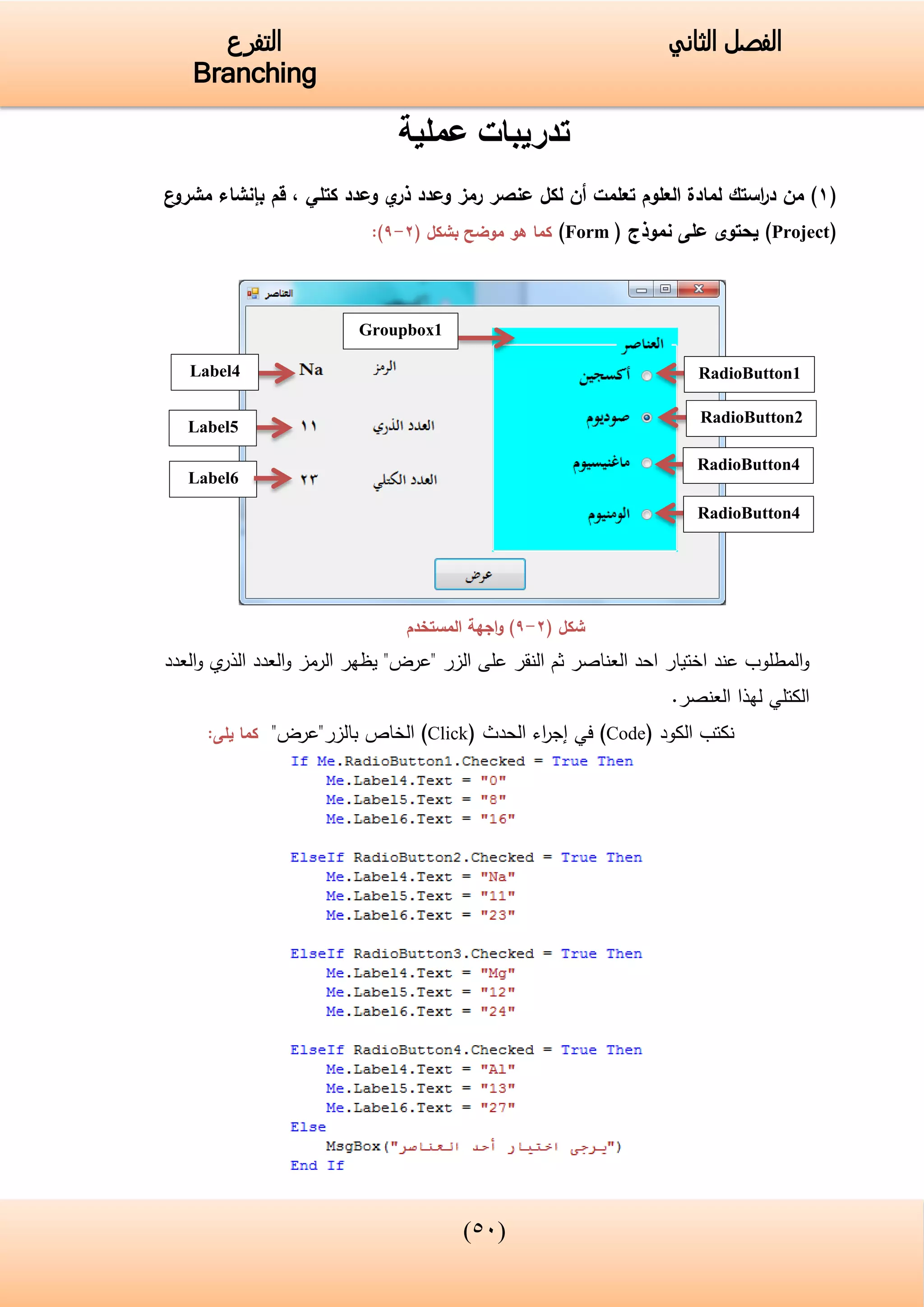(34)
‫الفصل‬‫الثاني‬‫التفرع‬
Branching
‫عملية‬ ‫تدريبات‬
(1)‫قم‬ , ‫كتلي‬ ‫وعدد‬ ‫ي‬‫ذر‬ ‫وعدد‬ ‫رمز‬ ‫عنصر‬ ‫لكل‬ ‫أن‬ ‫تعلمت‬ ‫العلوم‬ ‫لمادة‬ ‫استك‬‫ر‬‫د‬ ‫من‬‫بإنشاء‬‫ع‬‫مشرو‬
(Project)‫نموذج‬ ‫على‬ ‫يحتوى‬(Form)‫كما‬‫موضح‬ ‫هو‬( ‫بشكل‬2-9:)
( ‫شكل‬2-9‫المستخدم‬ ‫اجهة‬‫و‬ )
‫عن‬ ‫المطلوب‬‫و‬‫د‬‫الزر‬ ‫على‬ ‫النقر‬ ‫ثم‬ ‫العناصر‬ ‫احد‬ ‫اختيار‬"‫عرض‬"‫العدد‬‫و‬ ‫ي‬‫الذر‬ ‫العدد‬‫و‬ ‫الرمز‬ ‫يظهر‬
‫العنصر‬ ‫لهذا‬ ‫الكتلي‬.
‫الكود‬ ‫نكتب‬(Code)‫في‬‫الحدث‬ ‫اء‬‫ر‬‫إج‬(Click)‫بالزر‬ ‫الخاص‬"‫"عرض‬‫يلى‬ ‫كما‬:
Label4
Label5
Label6
Groupbox1
RadioButton1
RadioButton2
RadioButton4
RadioButton4
 