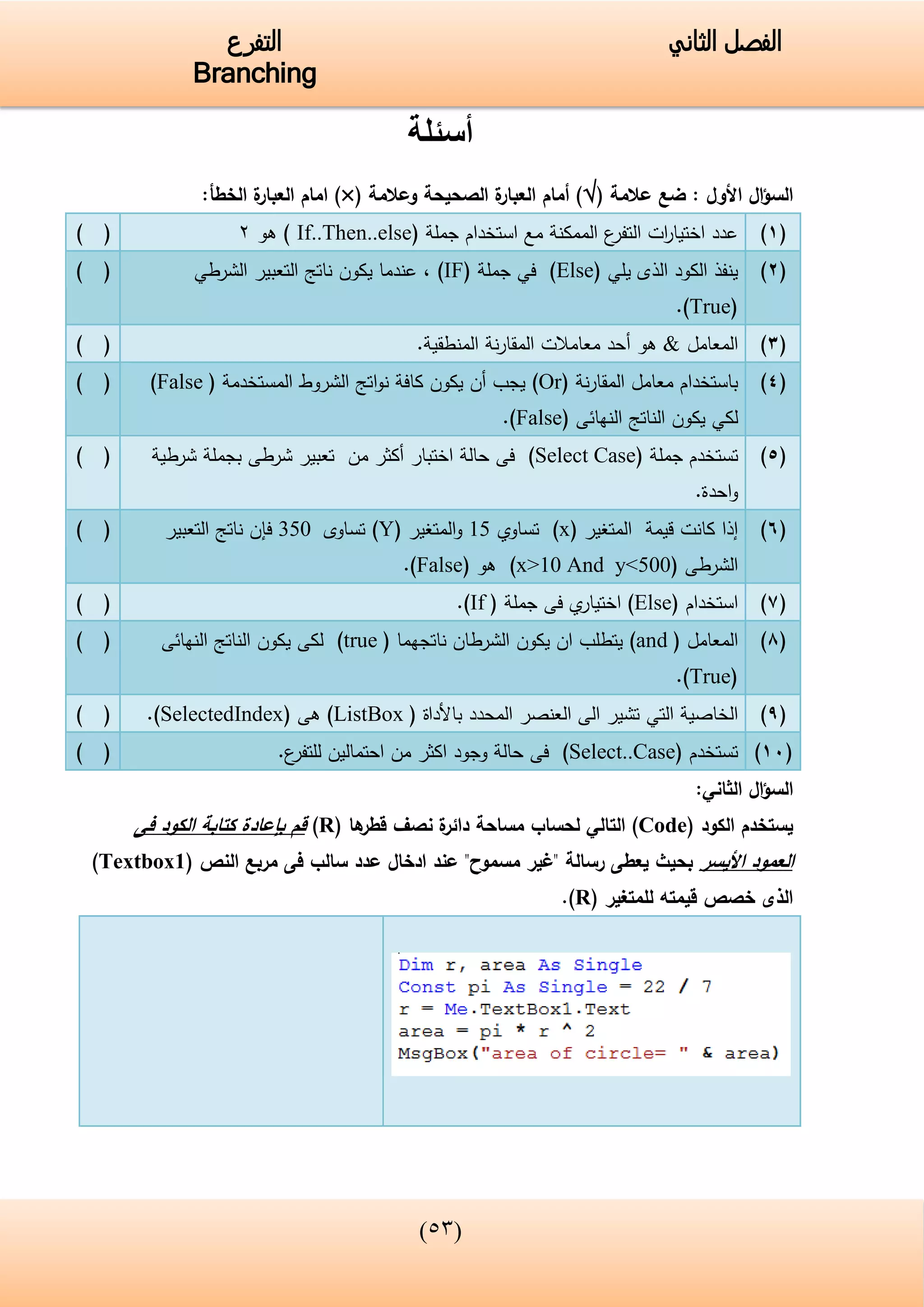 (34)
‫الفصل‬‫الثاني‬‫التفرع‬
Branching
‫أسئلة‬
: ‫األول‬ ‫ال‬‫ؤ‬‫الس‬( ‫عالمة‬ ‫ضع‬‫وعالمة‬ ‫الصحيحة‬ ‫ة‬‫العبار‬ ‫أمام‬ )()‫الخطأ‬ ‫ة‬‫العبار‬ ‫امام‬:
(1)‫جملة‬ ‫استخدام‬ ‫مع‬ ‫الممكنة‬ ‫ع‬‫التفر‬ ‫ات‬‫ر‬‫اختيا‬ ‫عدد‬(If..Then..else)‫هو‬2) (
(2)‫يلي‬ ‫الذى‬ ‫الكود‬ ‫ينفذ‬(Else)‫جملة‬ ‫في‬(IF)‫الشرطي‬ ‫التعبير‬ ‫ناتج‬ ‫يكون‬ ‫عندما‬ ,
(True).
) (
(3)‫المعامل‬&‫هو‬‫أ‬‫المنطقية‬ ‫نة‬‫ر‬‫المقا‬ ‫معامالت‬ ‫حد‬.) (
(4)‫نة‬‫ر‬‫المقا‬ ‫معامل‬ ‫باستخدام‬(Or)‫المستخدمة‬ ‫الشروط‬ ‫اتج‬‫و‬‫ن‬ ‫كافة‬ ‫يكون‬ ‫أن‬ ‫يجب‬(False)
‫يكون‬ ‫لكي‬‫الناتج‬‫النهائى‬(False.)
) (
(5)‫جملة‬ ‫تستخدم‬(Select Case)‫شرطية‬ ‫بجملة‬ ‫شرطى‬ ‫تعبير‬ ‫من‬ ‫أكثر‬ ‫اختبار‬ ‫حالة‬ ‫فى‬
‫احدة‬‫و‬.
) (
(6)‫المتغير‬ ‫قيمة‬ ‫كانت‬ ‫إذا‬(x‫تساوي‬ )15‫المتغير‬‫و‬(Y)‫تساوى‬350‫التعبير‬ ‫ناتج‬ ‫فإن‬
‫الشرطى‬(x>10 And y<500)‫هو‬(False.)
) (
(7)‫استخدام‬(Else)‫جملة‬ ‫فى‬ ‫ي‬‫اختيار‬(If.)) (
(8)‫المعامل‬(and)‫ناتجهما‬ ‫الشرطان‬ ‫يكون‬ ‫ان‬ ‫يتطلب‬(true)‫النهائى‬ ‫الناتج‬ ‫يكون‬ ‫لكى‬
(True).
) (
(9)‫الخاصية‬‫التي‬‫باألداة‬ ‫المحدد‬ ‫العنصر‬ ‫الى‬ ‫تشير‬(ListBox)‫هى‬(SelectedIndex.)) (
(11)‫تستخدم‬(Select..Case)‫ع‬‫للتفر‬ ‫احتمالين‬ ‫من‬ ‫اكثر‬ ‫وجود‬ ‫حالة‬ ‫فى‬.) (
‫ال‬‫ؤ‬‫الس‬‫الثاني‬:
‫يستخدم‬‫الكود‬(Code)‫التالي‬‫ها‬‫قطر‬ ‫نصف‬ ‫ة‬‫دائر‬ ‫مساحة‬ ‫لحساب‬(R)‫فى‬ ‫الكود‬ ‫كتابة‬ ‫بإعادة‬ ‫قم‬
‫األيسر‬ ‫العمود‬‫النص‬ ‫مربع‬ ‫فى‬ ‫سالب‬ ‫عدد‬ ‫ادخال‬ ‫عند‬ "‫مسموح‬ ‫"غير‬ ‫رسالة‬ ‫يعطى‬ ‫بحيث‬(Textbox1)
‫للمتغير‬ ‫قيمته‬ ‫خصص‬ ‫الذى‬(R).
 