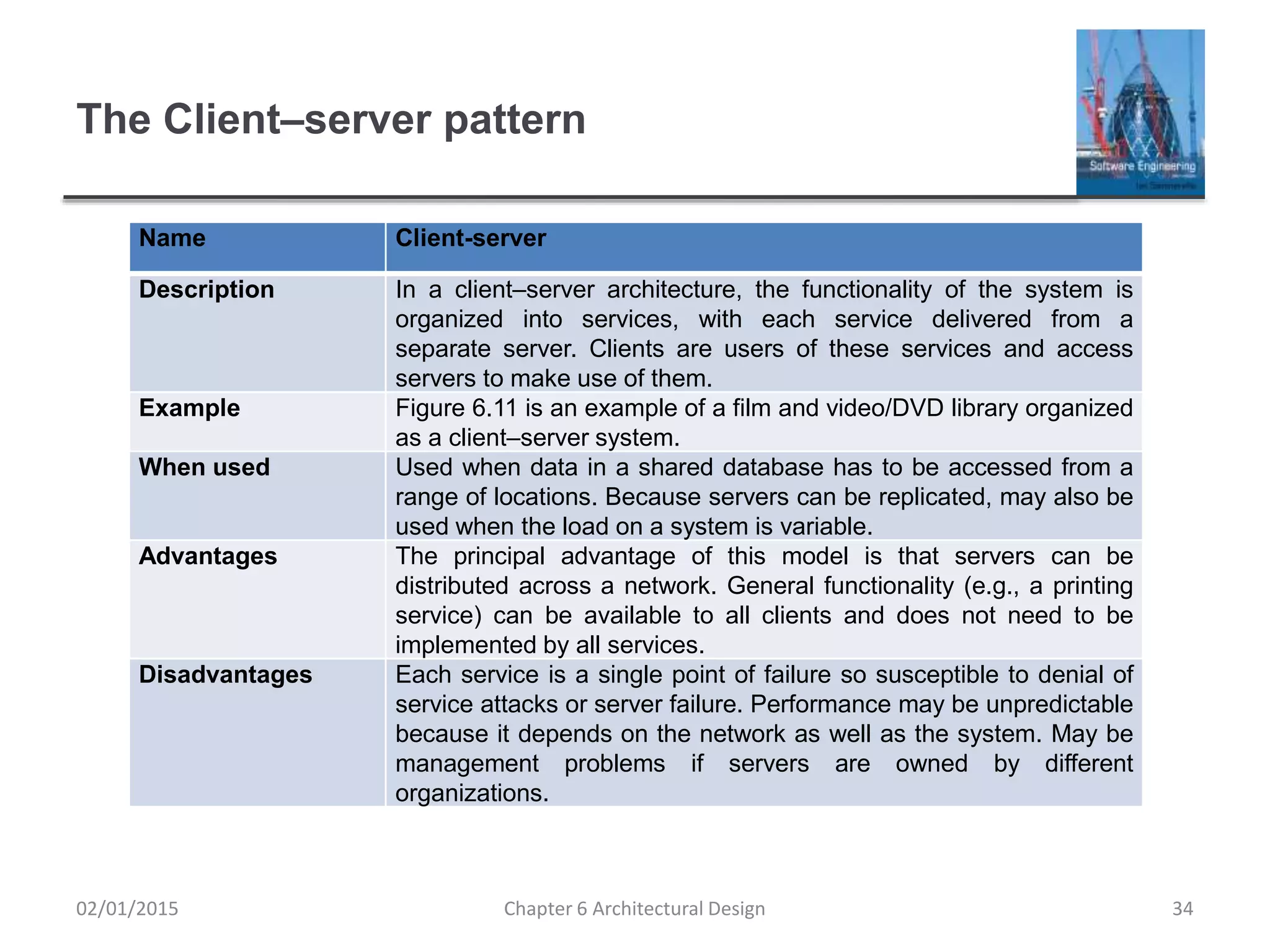 The Client–server pattern
Name Client-server
Description In a client–server architecture, the functionality of the system is
organized into services, with each service delivered from a
separate server. Clients are users of these services and access
servers to make use of them.
Example Figure 6.11 is an example of a film and video/DVD library organized
as a client–server system.
When used Used when data in a shared database has to be accessed from a
range of locations. Because servers can be replicated, may also be
used when the load on a system is variable.
Advantages The principal advantage of this model is that servers can be
distributed across a network. General functionality (e.g., a printing
service) can be available to all clients and does not need to be
implemented by all services.
Disadvantages Each service is a single point of failure so susceptible to denial of
service attacks or server failure. Performance may be unpredictable
because it depends on the network as well as the system. May be
management problems if servers are owned by different
organizations.
Chapter 6 Architectural Design 3402/01/2015
 