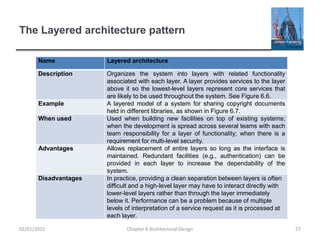 The Layered architecture pattern
Name Layered architecture
Description Organizes the system into layers with related functionality
associated with each layer. A layer provides services to the layer
above it so the lowest-level layers represent core services that
are likely to be used throughout the system. See Figure 6.6.
Example A layered model of a system for sharing copyright documents
held in different libraries, as shown in Figure 6.7.
When used Used when building new facilities on top of existing systems;
when the development is spread across several teams with each
team responsibility for a layer of functionality; when there is a
requirement for multi-level security.
Advantages Allows replacement of entire layers so long as the interface is
maintained. Redundant facilities (e.g., authentication) can be
provided in each layer to increase the dependability of the
system.
Disadvantages In practice, providing a clean separation between layers is often
difficult and a high-level layer may have to interact directly with
lower-level layers rather than through the layer immediately
below it. Performance can be a problem because of multiple
levels of interpretation of a service request as it is processed at
each layer.
Chapter 6 Architectural Design 2702/01/2015
 