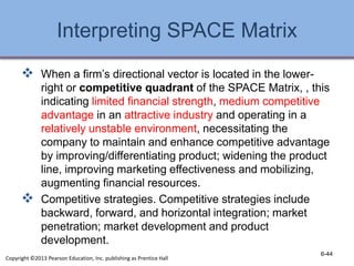 Interpreting SPACE Matrix
 When a firm’s directional vector is located in the lower-
right or competitive quadrant of the SPACE Matrix, , this
indicating limited financial strength, medium competitive
advantage in an attractive industry and operating in a
relatively unstable environment, necessitating the
company to maintain and enhance competitive advantage
by improving/differentiating product; widening the product
line, improving marketing effectiveness and mobilizing,
augmenting financial resources.
 Competitive strategies. Competitive strategies include
backward, forward, and horizontal integration; market
penetration; market development and product
development.
6-44
Copyright ©2013 Pearson Education, Inc. publishing as Prentice Hall
 