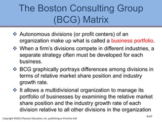 The Boston Consulting Group
(BCG) Matrix
 Autonomous divisions (or profit centers) of an
organization make up what is called a business portfolio.
 When a firm’s divisions compete in different industries, a
separate strategy often must be developed for each
business.
 BCG graphically portrays differences among divisions in
terms of relative market share position and industry
growth rate.
 It allows a multidivisional organization to manage its
portfolio of businesses by examining the relative market
share position and the industry growth rate of each
division relative to all other divisions in the organization
6-47
Copyright ©2013 Pearson Education, Inc. publishing as Prentice Hall
 