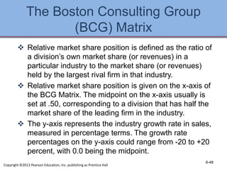 The Boston Consulting Group
(BCG) Matrix
 Relative market share position is defined as the ratio of
a division’s own market share (or revenues) in a
particular industry to the market share (or revenues)
held by the largest rival firm in that industry.
 Relative market share position is given on the x-axis of
the BCG Matrix. The midpoint on the x-axis usually is
set at .50, corresponding to a division that has half the
market share of the leading firm in the industry.
 The y-axis represents the industry growth rate in sales,
measured in percentage terms. The growth rate
percentages on the y-axis could range from -20 to +20
percent, with 0.0 being the midpoint.
6-48
Copyright ©2013 Pearson Education, Inc. publishing as Prentice Hall
 