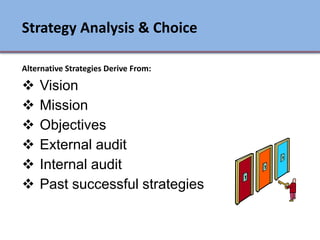  Vision
 Mission
 Objectives
 External audit
 Internal audit
 Past successful strategies
Strategy Analysis & Choice
Alternative Strategies Derive From:
Ch 7 -7 Copyright © 2011 Pearson Education
 