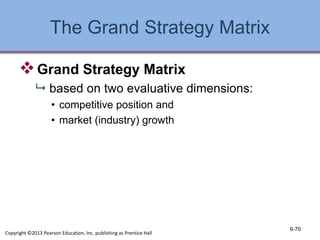 The Grand Strategy Matrix
Grand Strategy Matrix
 based on two evaluative dimensions:
• competitive position and
• market (industry) growth
6-70
Copyright ©2013 Pearson Education, Inc. publishing as Prentice Hall
 