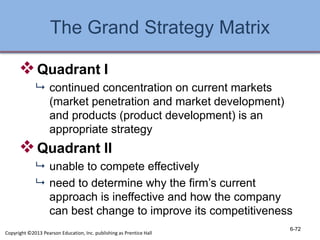 The Grand Strategy Matrix
Quadrant I
 continued concentration on current markets
(market penetration and market development)
and products (product development) is an
appropriate strategy
Quadrant II
 unable to compete effectively
 need to determine why the firm’s current
approach is ineffective and how the company
can best change to improve its competitiveness
6-72
Copyright ©2013 Pearson Education, Inc. publishing as Prentice Hall
 