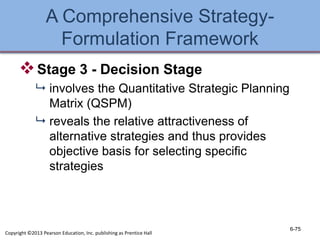 A Comprehensive Strategy-
Formulation Framework
Stage 3 - Decision Stage
 involves the Quantitative Strategic Planning
Matrix (QSPM)
 reveals the relative attractiveness of
alternative strategies and thus provides
objective basis for selecting specific
strategies
6-75
Copyright ©2013 Pearson Education, Inc. publishing as Prentice Hall
 