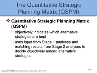 The Quantitative Strategic
Planning Matrix (QSPM)
Quantitative Strategic Planning Matrix
(QSPM)
 objectively indicates which alternative
strategies are best
 uses input from Stage 1 analyses and
matching results from Stage 2 analyses to
decide objectively among alternative
strategies
6-76
Copyright ©2013 Pearson Education, Inc. publishing as Prentice Hall
 