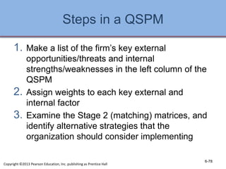 Steps in a QSPM
1. Make a list of the firm’s key external
opportunities/threats and internal
strengths/weaknesses in the left column of the
QSPM
2. Assign weights to each key external and
internal factor
3. Examine the Stage 2 (matching) matrices, and
identify alternative strategies that the
organization should consider implementing
6-78
Copyright ©2013 Pearson Education, Inc. publishing as Prentice Hall
 