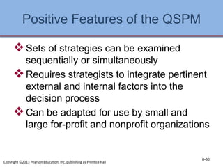 Positive Features of the QSPM
Sets of strategies can be examined
sequentially or simultaneously
Requires strategists to integrate pertinent
external and internal factors into the
decision process
Can be adapted for use by small and
large for-profit and nonprofit organizations
6-80
Copyright ©2013 Pearson Education, Inc. publishing as Prentice Hall
 